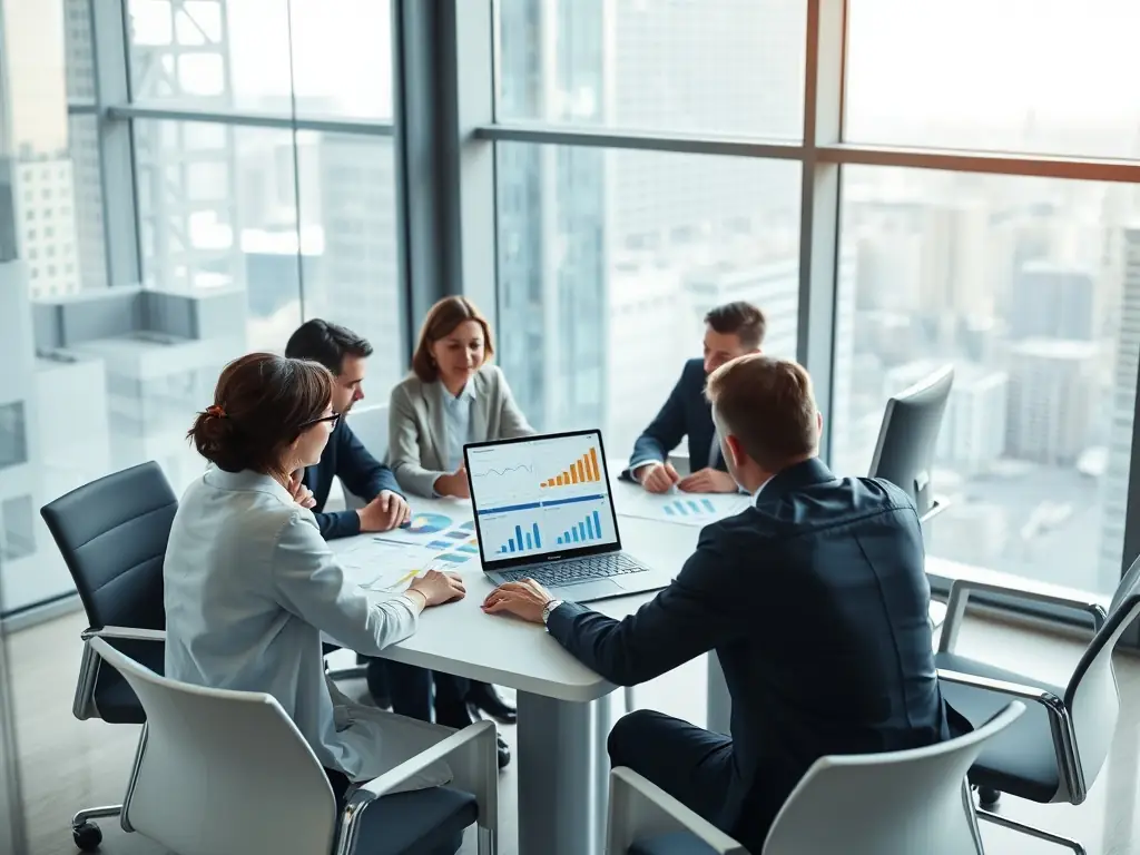 A diverse team of business professionals collaborating in a modern office, reviewing financial reports and discussing investment strategies, with a focus on sustainable growth and economic planning.