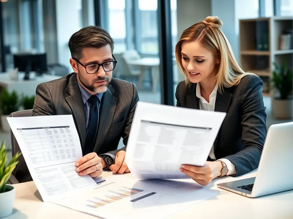 A business coach providing guidance to a client in a modern office setting, discussing financial data and investment options, with a focus on building trust and achieving sustainable growth.
